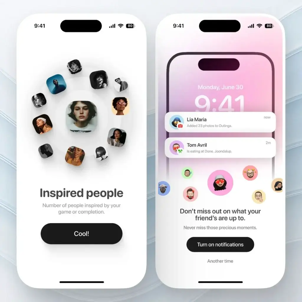 8cda84ed152a3b8e389a951d57e4e217 Mobile screens displaying a social app interface with notifications and user profiles in a creative circle layout for connection updates. | Sky Rye Design Mobile screens displaying a social app interface with notifications and user profiles in a creative circle layout for connection updates.
