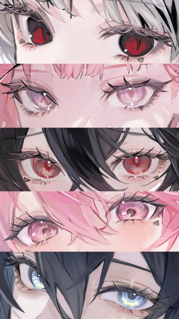 8e5f742f5578936ac6f06df0782595a6 Close-up of colorful anime eyes in a vertical strip layout, featuring red, pink, and blue hues, showcasing diverse character expressions. | Sky Rye Design Close-up of colorful anime eyes in a vertical strip layout, featuring red, pink, and blue hues, showcasing diverse character expressions.