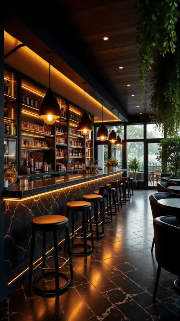 Modern bar interior with ambient lighting, sleek stools, and a stocked shelf of beverages, creating a cozy atmosphere for patrons.