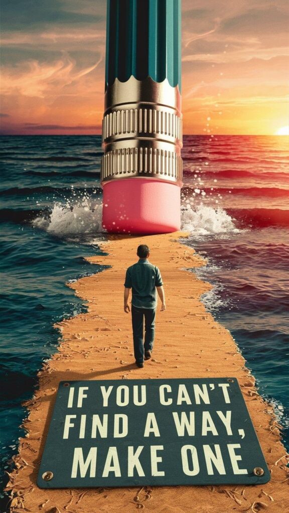 Man walks on pencil bridge over water at sunset with If you can't find a way, make one sign, symbolizing creativity and