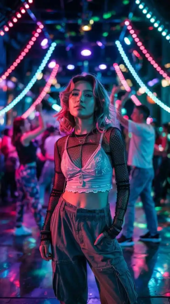 Young woman in trendy outfit stands confidently in a vibrant nightclub with colorful lights and dancing people in the