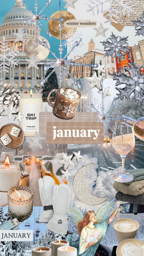 _ 9 January collage with snowflakes, winter scenes, hot cocoa, candles, and cozy elements. Perfect for embracing winter wonders and warmth. | Sky Rye Design January collage with snowflakes, winter scenes, hot cocoa, candles, and cozy elements. Perfect for embracing winter wonders and warmth.