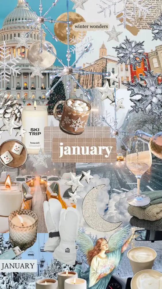 January collage with snowflakes, winter scenes, hot cocoa, candles, and cozy elements. Perfect for embracing winter wonders and warmth.