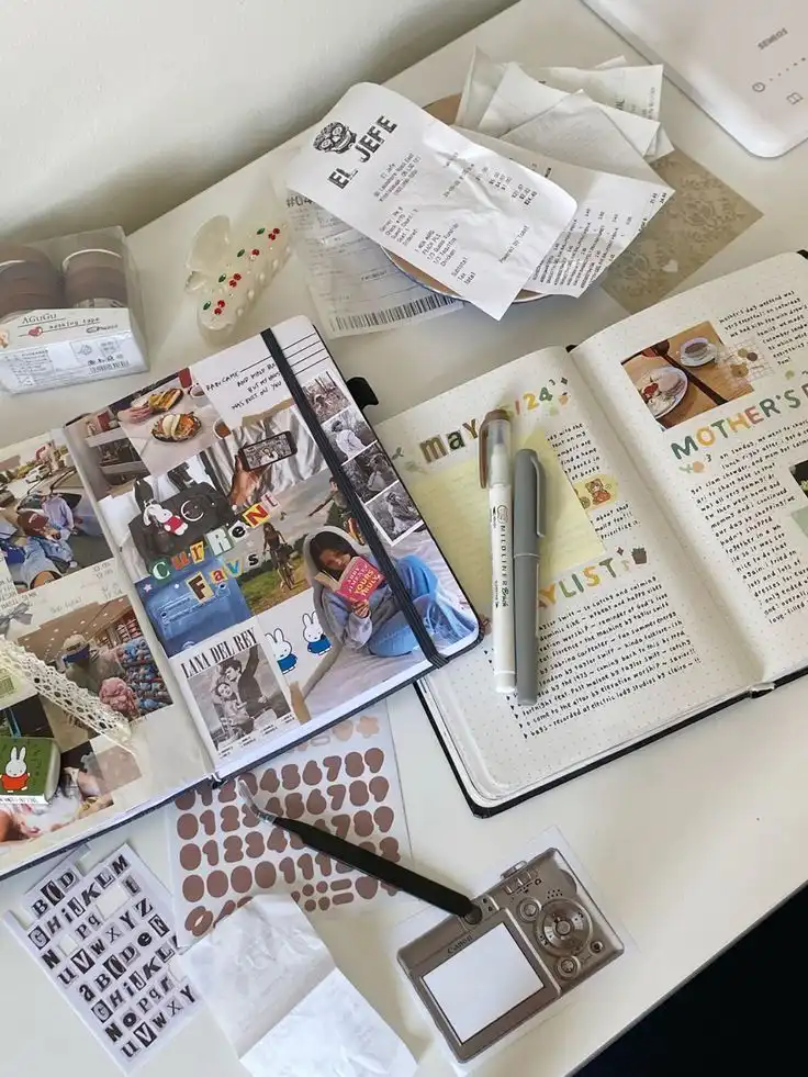 Creative journal with photos, stickers, pens, and receipts on a desk. Scrapbooking, journaling, and DIY crafts in progress.