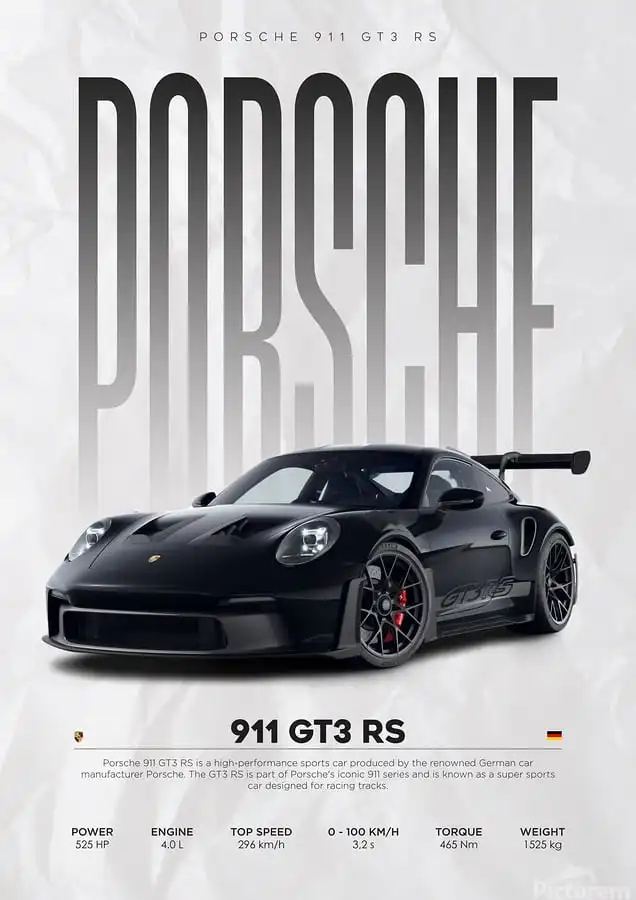 Matte black Porsche 911 GT3 RS showcased with performance specs: 525 HP, 4.0L engine, top speed 296 km/h, 0-100 km/h in 3.2s.