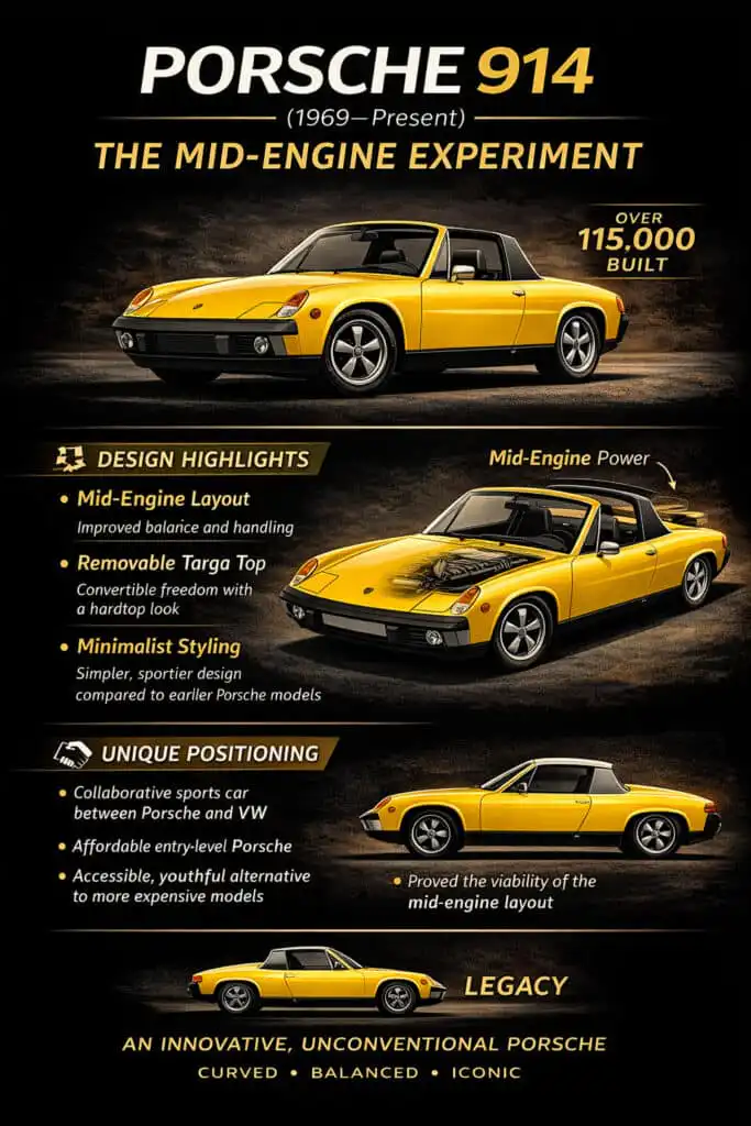 Porsche 914 infographic highlighting mid-engine design, minimalist styling, and unique positioning as an innovative,