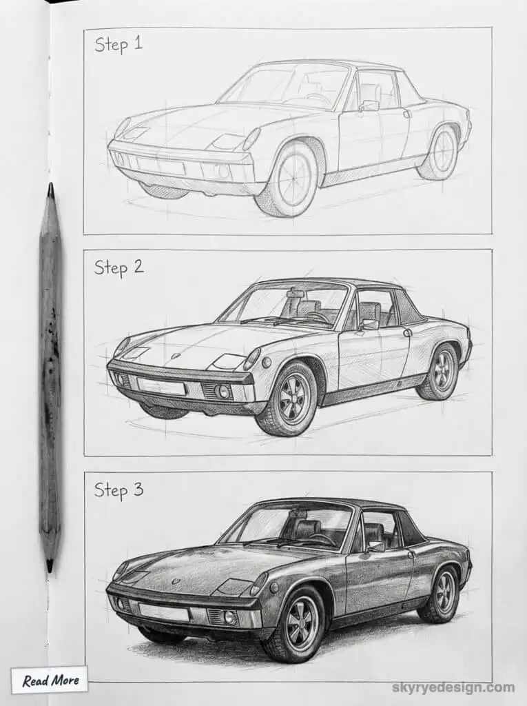 Step-by-step car drawing process from outline to detailed pencil sketch, featuring a classic car design, with pencil