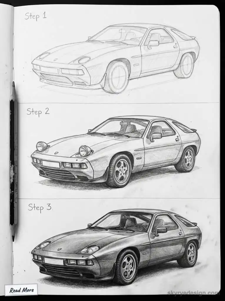 Pencil sketch progression of a sports car in three steps, showcasing detailed drawing techniques and shading enhancements.
