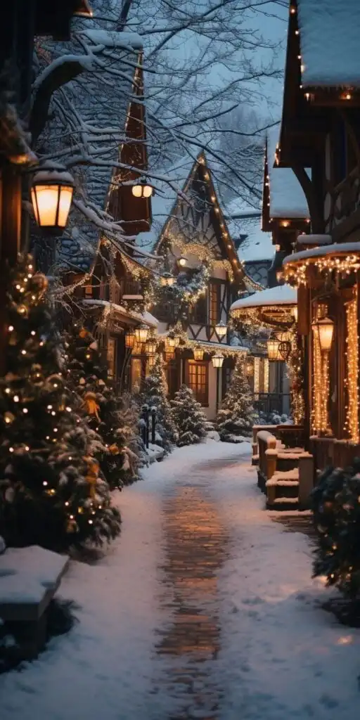 Cozy winter village street adorned with holiday lights and snow, capturing a festive and enchanting seasonal atmosphere.
