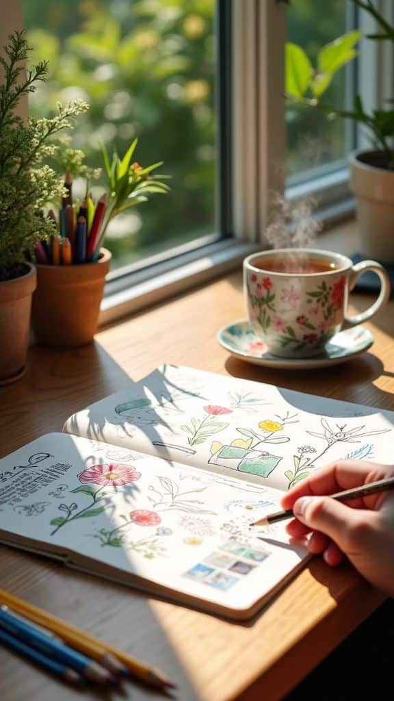 956a99596a9d589a3aa06ed9f31f24a5 Person sketching flowers in a notebook by a sunny window with a steaming cup of tea, surrounded by plants and colored pencils. | Sky Rye Design Person sketching flowers in a notebook by a sunny window with a steaming cup of tea, surrounded by plants and colored pencils.