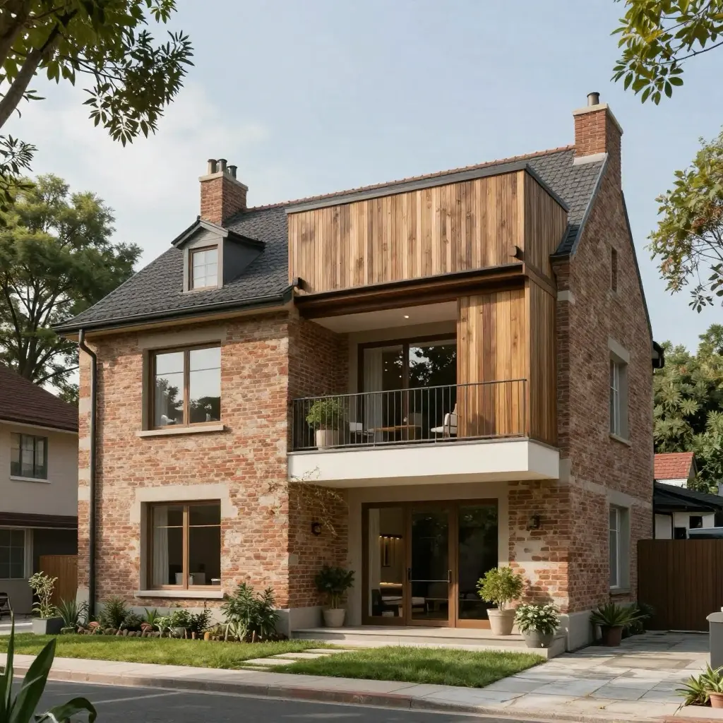 Modern two-story brick house with a wooden accent, balcony, and lush greenery, showcasing contemporary residential architecture.