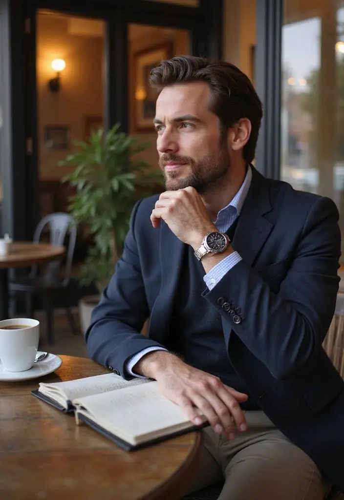 Man sitting in a cafe, gazing outside thoughtfully, with a book and coffee on the table, wearing a navy blazer and a watch.