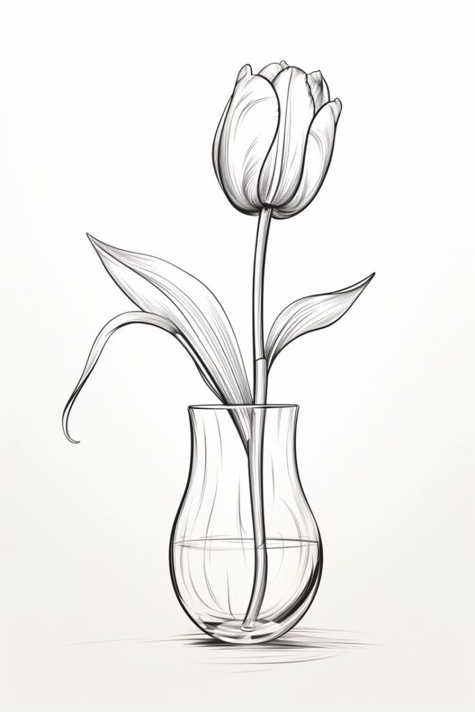 Illustrated tulip in clear vase sketch, showcasing delicate lines and elegance, perfect for decor and nature-themed designs.