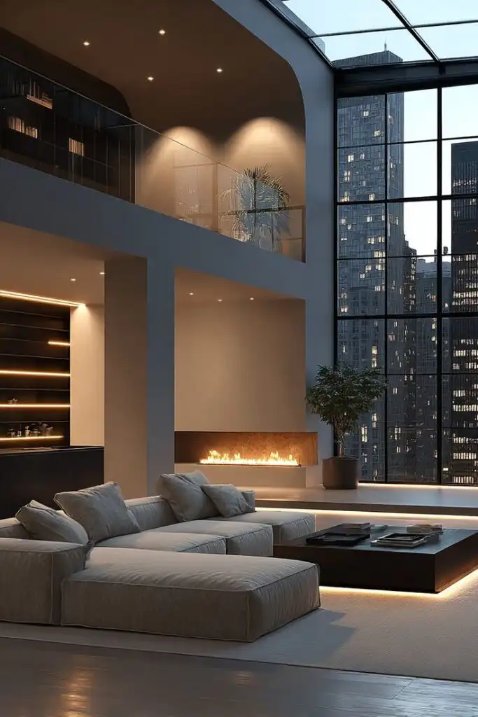 Modern loft interior with cozy seating, fireplace, and large windows overlooking a cityscape. Elegant design and ambient lighting.