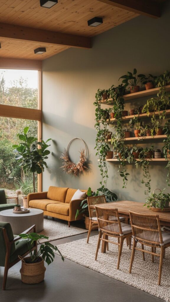 Modern living room with a cozy orange sofa, wooden dining set, and lush indoor plants on shelves, creating a natural,