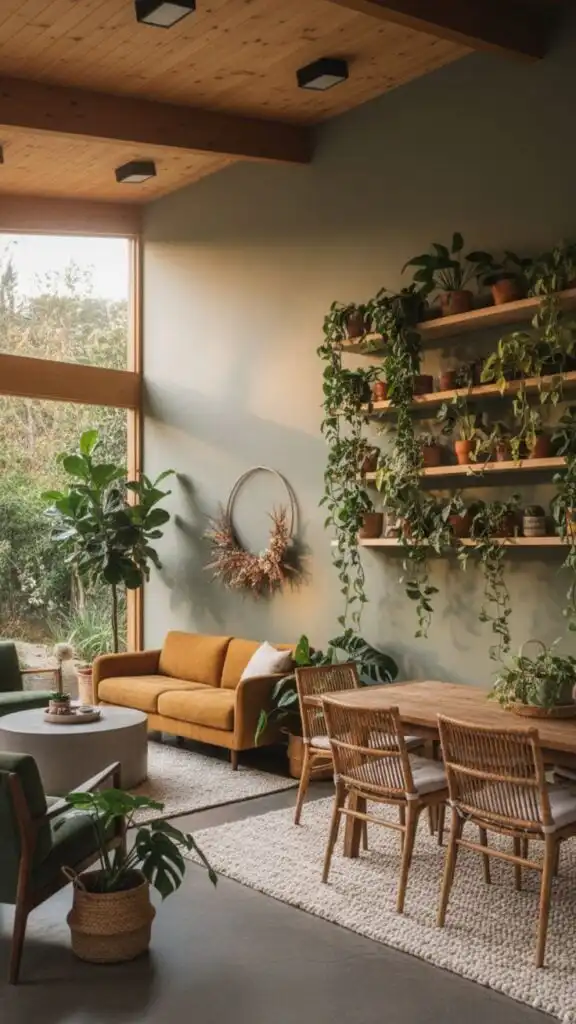 Modern living room with a cozy orange sofa, wooden dining set, and lush indoor plants on shelves, creating a natural,