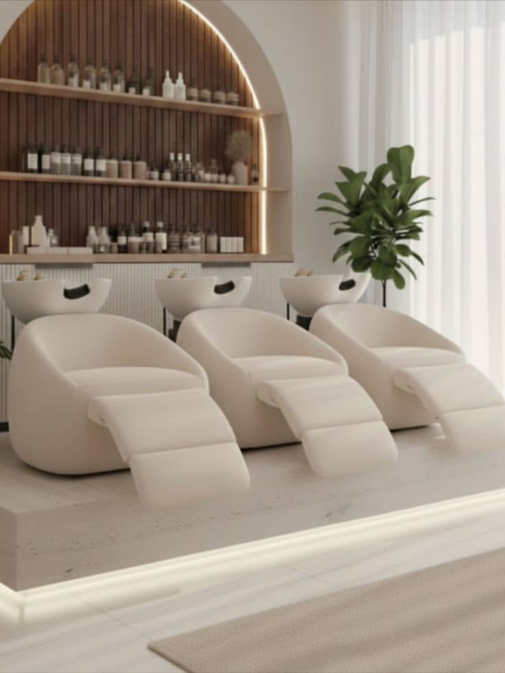 ARCOSTA _ Luxurious and Comfortable Hair Wash Unit ✨ Modern salon with three plush shampoo chairs and a stylish product display, accented by greenery and natural light. | Sky Rye Design Modern salon with three plush shampoo chairs and a stylish product display, accented by greenery and natural light.