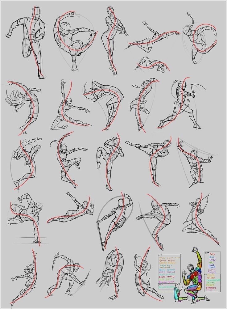 Figure drawing reference sheet of 30+ dynamic gesture sketches and action poses, showing red spine lines and simplified anatomical construction.