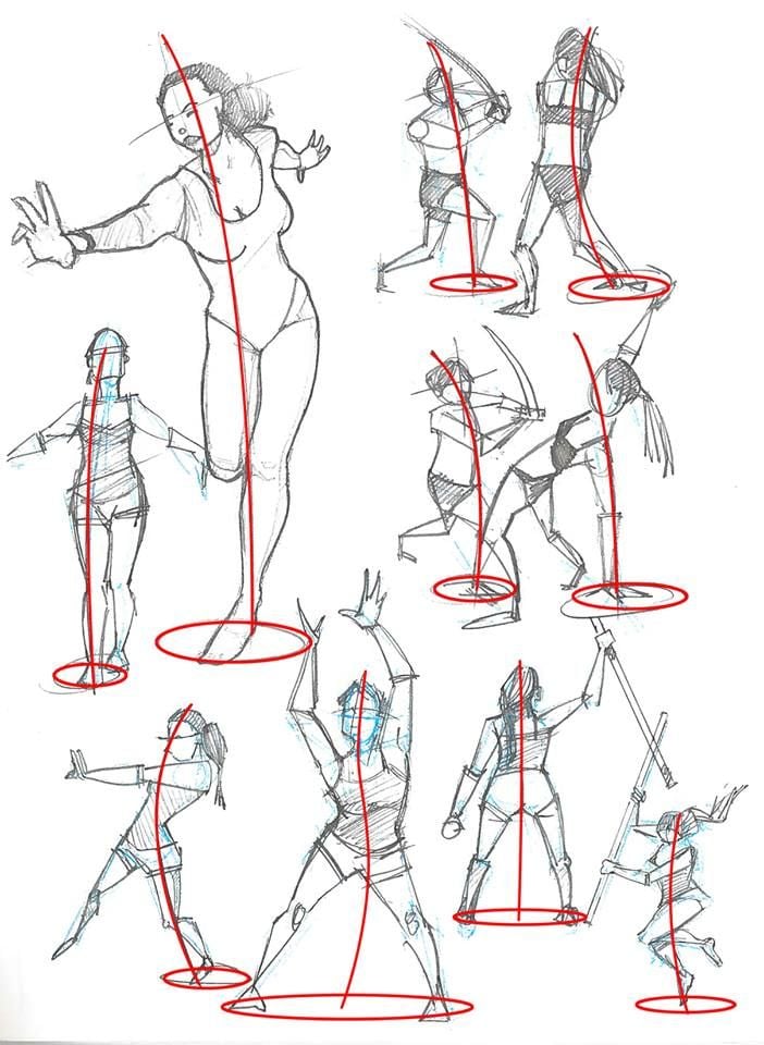 Gesture figure sketches showing red centerlines and foot-placement ovals on dynamic pose studies for figure-drawing and pose reference.