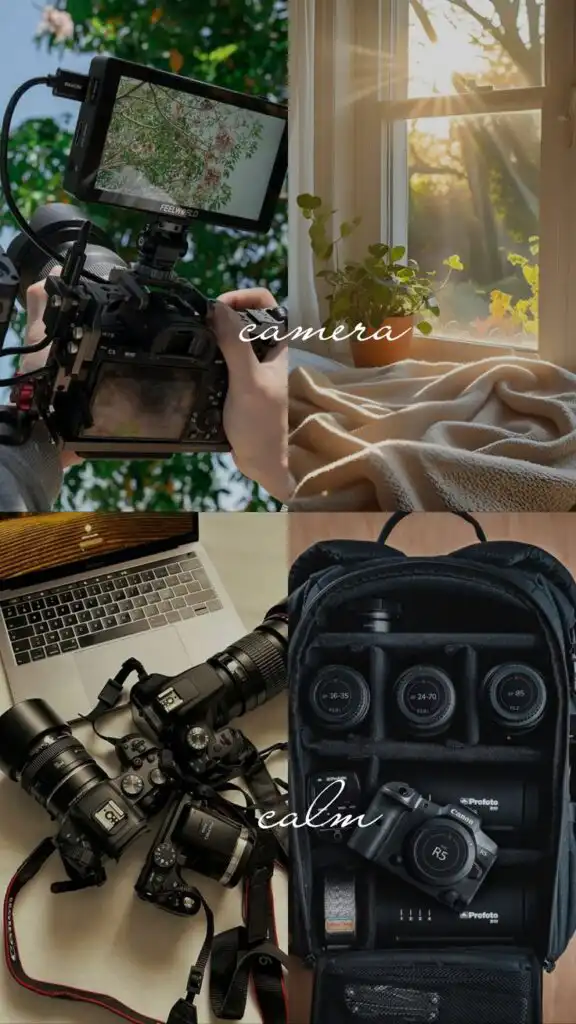 All what i need _ Camera gear and cozy window scene. DSLR, lenses, and laptop on desk. Camera backpack organized with gear. Calm and creative photography setup. | Sky Rye Design Camera gear and cozy window scene. DSLR, lenses, and laptop on desk. Camera backpack organized with gear. Calm and creative photography setup.