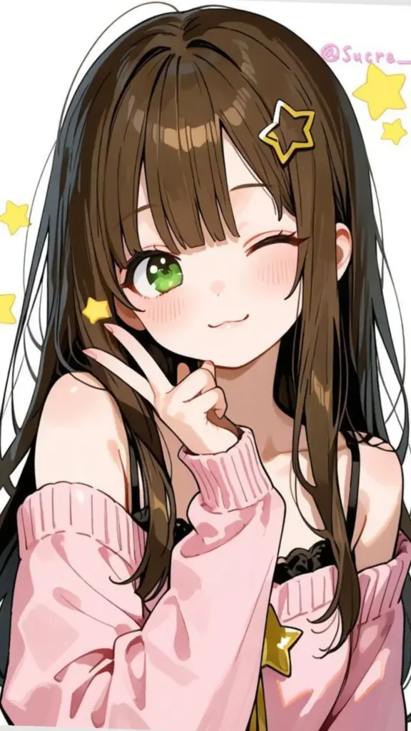 Anime Art Style 4 Anime girl winking and posing with a peace sign, wearing a pink sweater with star accents, surrounded by yellow stars on a white background. | Sky Rye Design Anime girl winking and posing with a peace sign, wearing a pink sweater with star accents, surrounded by yellow stars on a white background.