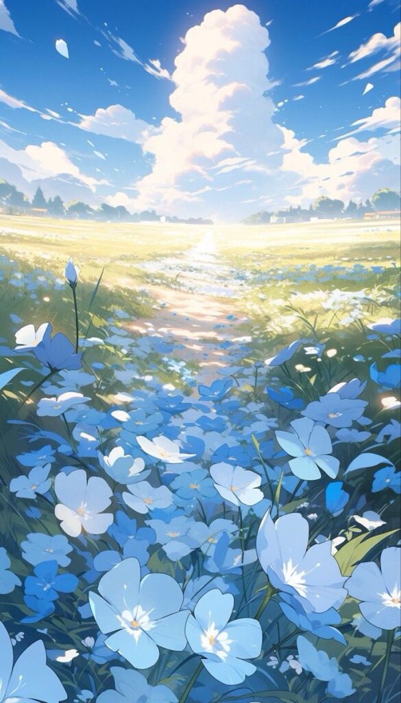 Anime bg 1 Anime-style pastoral scene with vibrant blue and white flowers under a clear blue sky, leading to a distant cloud-filled horizon. | Sky Rye Design Anime-style pastoral scene with vibrant blue and white flowers under a clear blue sky, leading to a distant cloud-filled horizon.