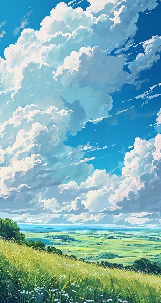 Anime bg 2 Vibrant landscape with lush green fields under a bright blue sky filled with fluffy white clouds, capturing the essence of a sunny day. | Sky Rye Design Vibrant landscape with lush green fields under a bright blue sky filled with fluffy white clouds, capturing the essence of a sunny day.