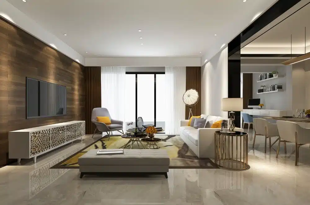 Apartment-Renovation-in-Dubai Modern living room featuring minimalist decor, cozy seating, wood accents, and a stylish dining area with natural light through large windows. | Sky Rye Design Modern living room featuring minimalist decor, cozy seating, wood accents, and a stylish dining area with natural light through large windows.