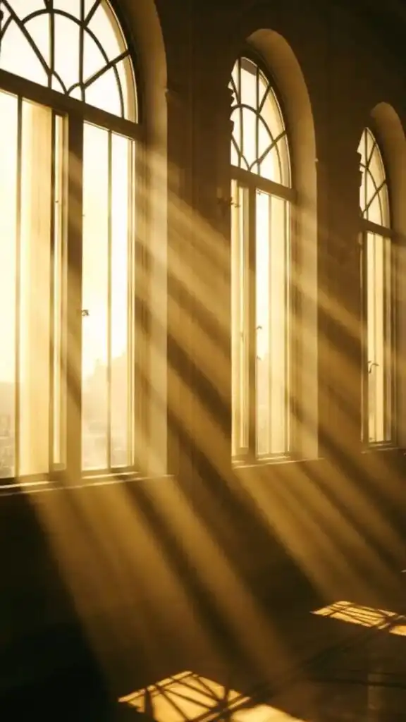 Sunlight streaming through arched windows casts dramatic shadows on the floor, creating a warm and serene atmosphere indoors.