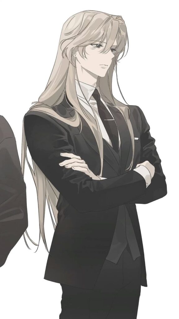 Artists acc _ irt_5433 on X Anime character with long hair and a suit, crossing arms confidently. Professional and elegant appearance on a white background. | Sky Rye Design Anime character with long hair and a suit, crossing arms confidently. Professional and elegant appearance on a white background.