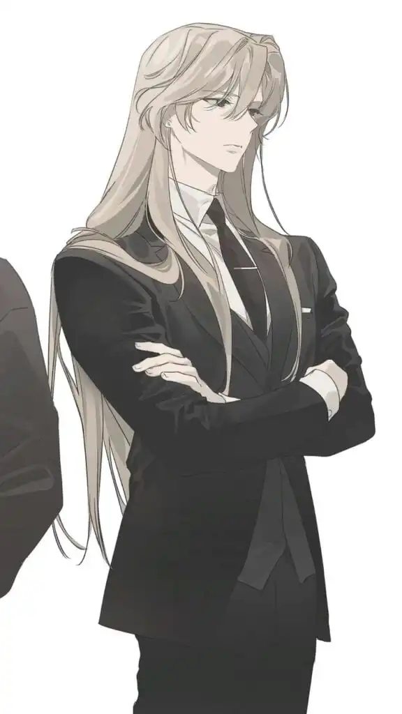 Anime character with long hair and a suit, crossing arms confidently. Professional and elegant appearance on a white background.