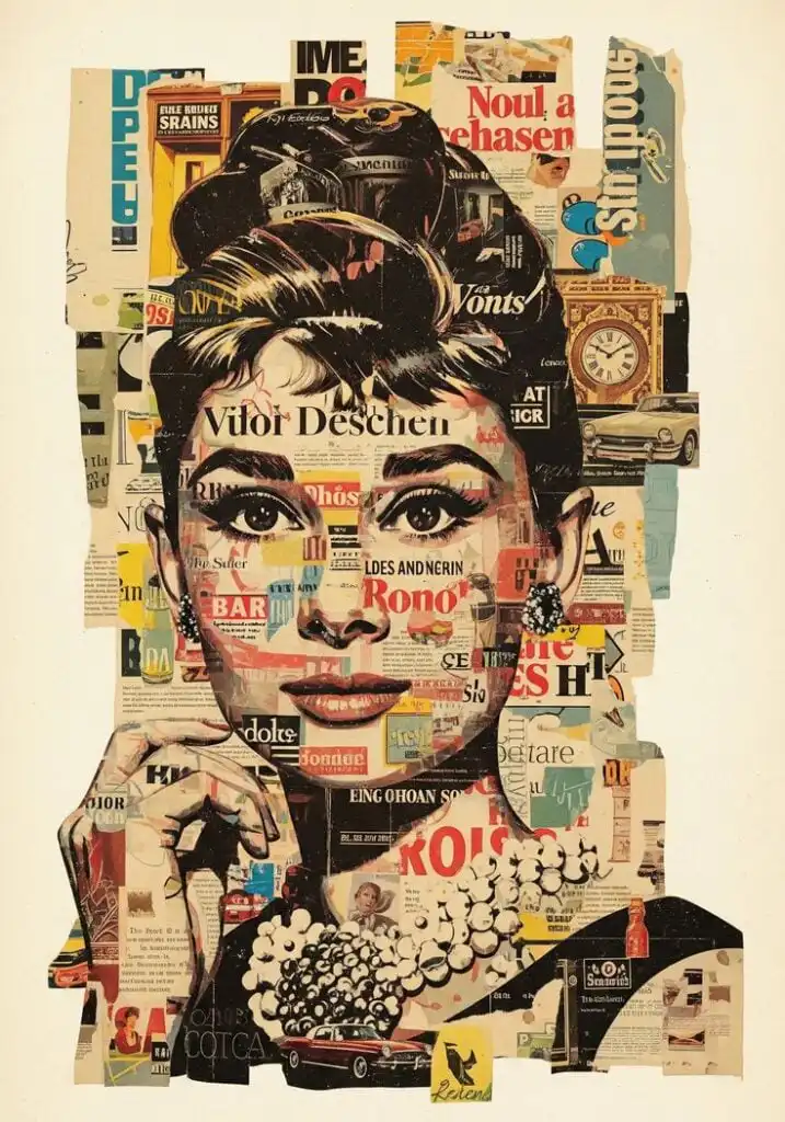 Audrey Hepburn Collage Art_ Vintage Sepia Portrait Retro Home Decor Collage art featuring a woman's portrait made from vintage magazine clippings, showcasing a blend of retro style and creativity. | Sky Rye Design Collage art featuring a woman's portrait made from vintage magazine clippings, showcasing a blend of retro style and creativity.