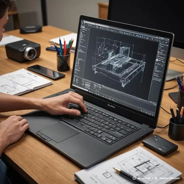 Person using CAD software on a laptop for architectural design at a workspace with notes and a phone nearby.