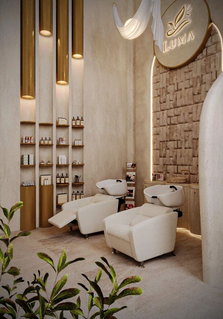 BEAUTY SALON ZONE - HebaTullah Taher Luxurious salon interior with plush chairs, modern shelving, and ambient lighting. Stylish design for a premium hair care experience. | Sky Rye Design Luxurious salon interior with plush chairs, modern shelving, and ambient lighting. Stylish design for a premium hair care experience.