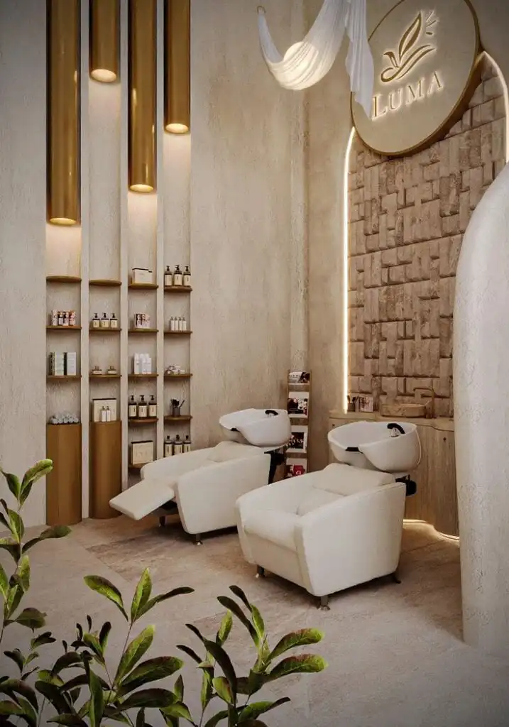 Luxurious salon interior with plush chairs, modern shelving, and ambient lighting. Stylish design for a premium hair care experience.
