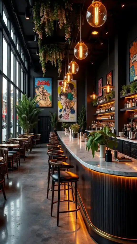 Stylish modern bar with marble counter, ambient lighting, and vibrant wall art, offering a cozy atmosphere for socializing and relaxation.