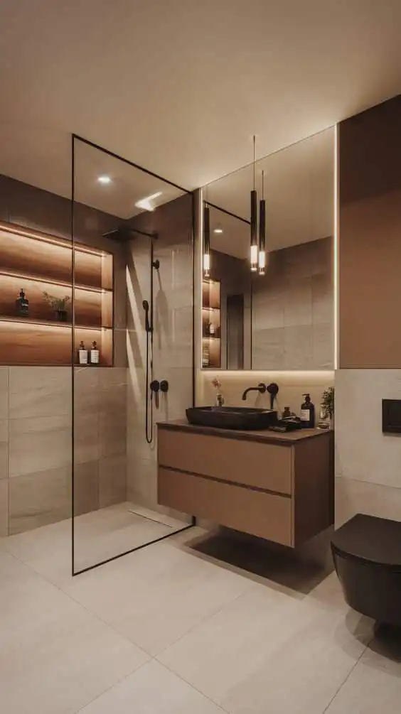 Modern bathroom with sleek design, brown cabinetry, black fixtures, glass shower, and soft lighting accents on tiled walls.