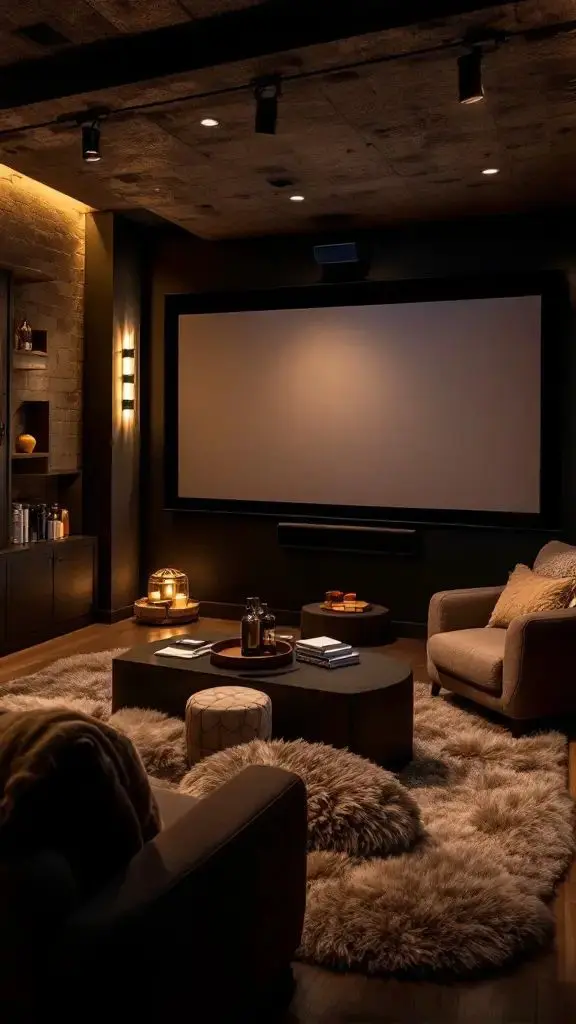 Cozy home theater setup with plush rugs, comfortable seating, and dim lighting, perfect for an immersive movie night experience.