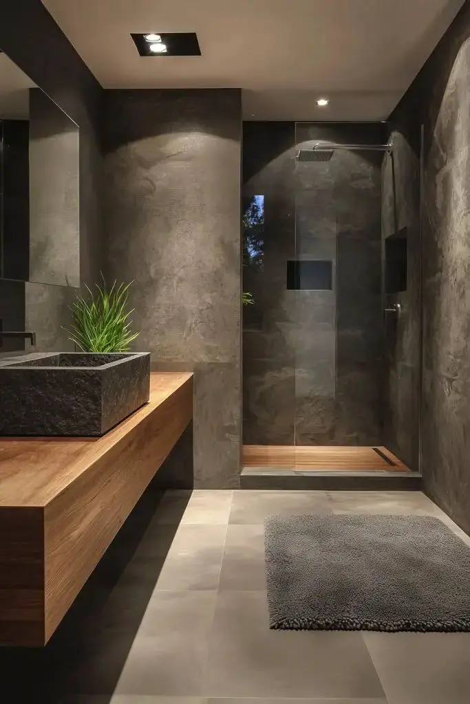 Modern bathroom with gray tiles, sleek wood vanity, stone sink, and glass-enclosed shower, highlighted by soft ambient lighting.