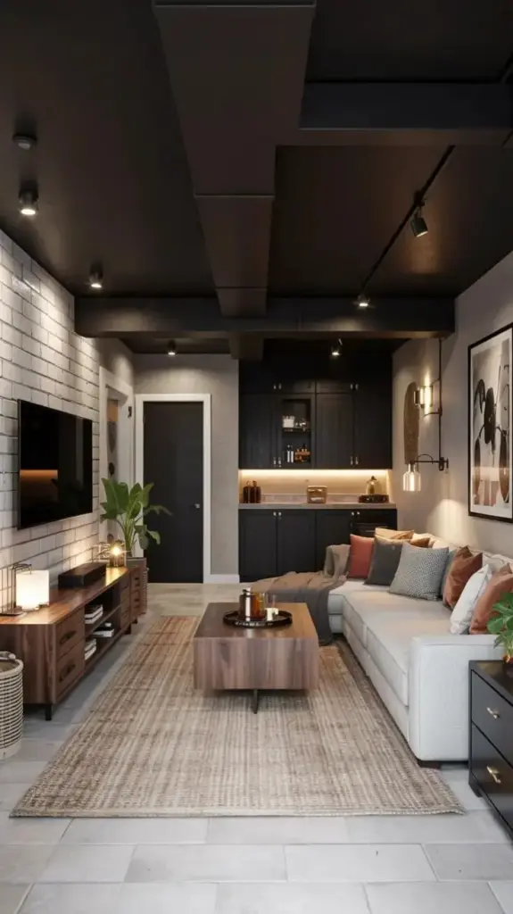 Modern living room with cozy gray sofa, wall-mounted TV, ambient lighting, and stylish decor accents for a warm, inviting atmosphere.