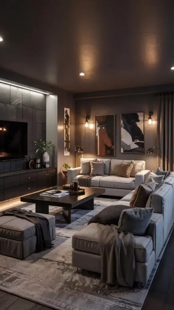 Modern living room with cozy sofas, abstract art, and ambient lighting, creating a warm and stylish ambiance.