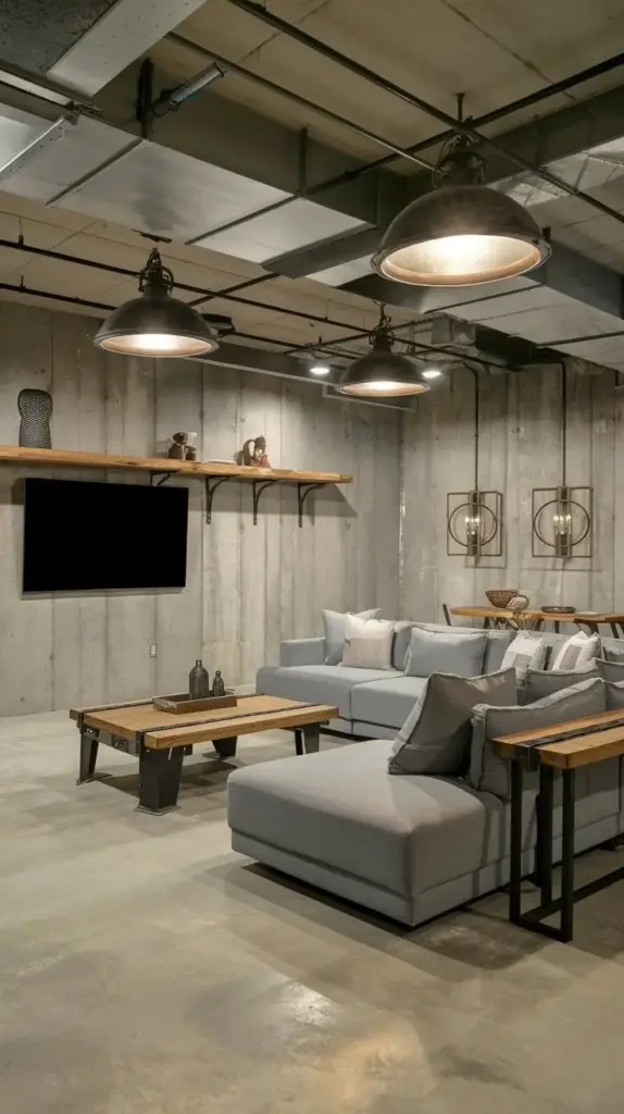 Modern industrial living room with concrete walls, stylish gray sectional sofa, and wooden coffee table under pendant lighting fixtures.