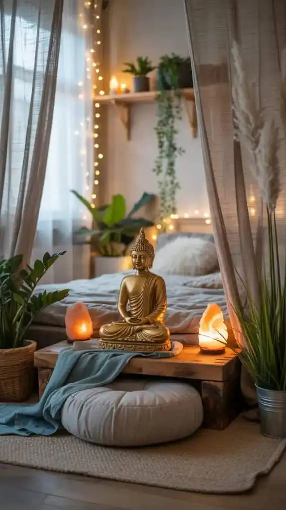 Cozy meditation space with a Buddha statue, salt lamps, cushions, plants, and soft lighting creating a serene and peaceful