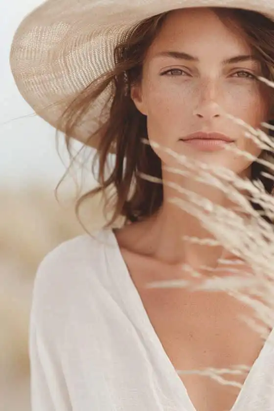 Woman in a straw hat and white blouse gazes at the camera, surrounded by soft focus beach grass under warm sunlight.