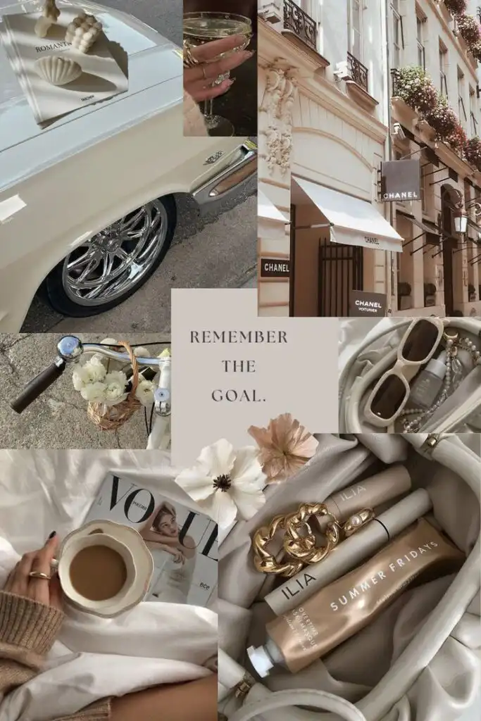 Collage of luxury lifestyle with fashion elements, beauty products, coffee, and a Remember the Goal message, emphasizing elegance. New Years Phone Wallpapers