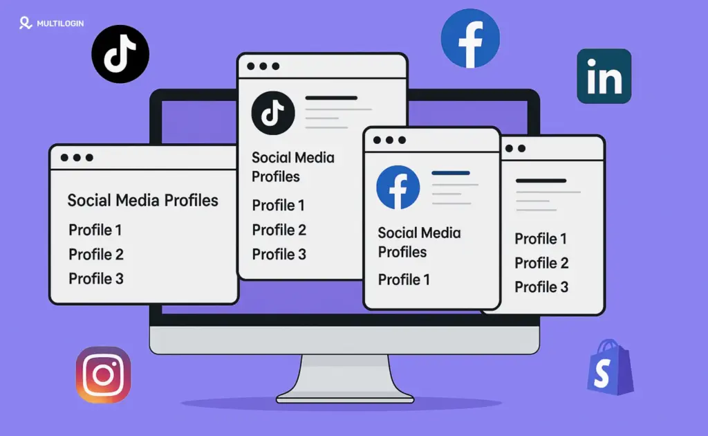 Illustration of social media profiles on a computer screen with TikTok, Facebook, Instagram, LinkedIn, and Shopify logos on a purple background.