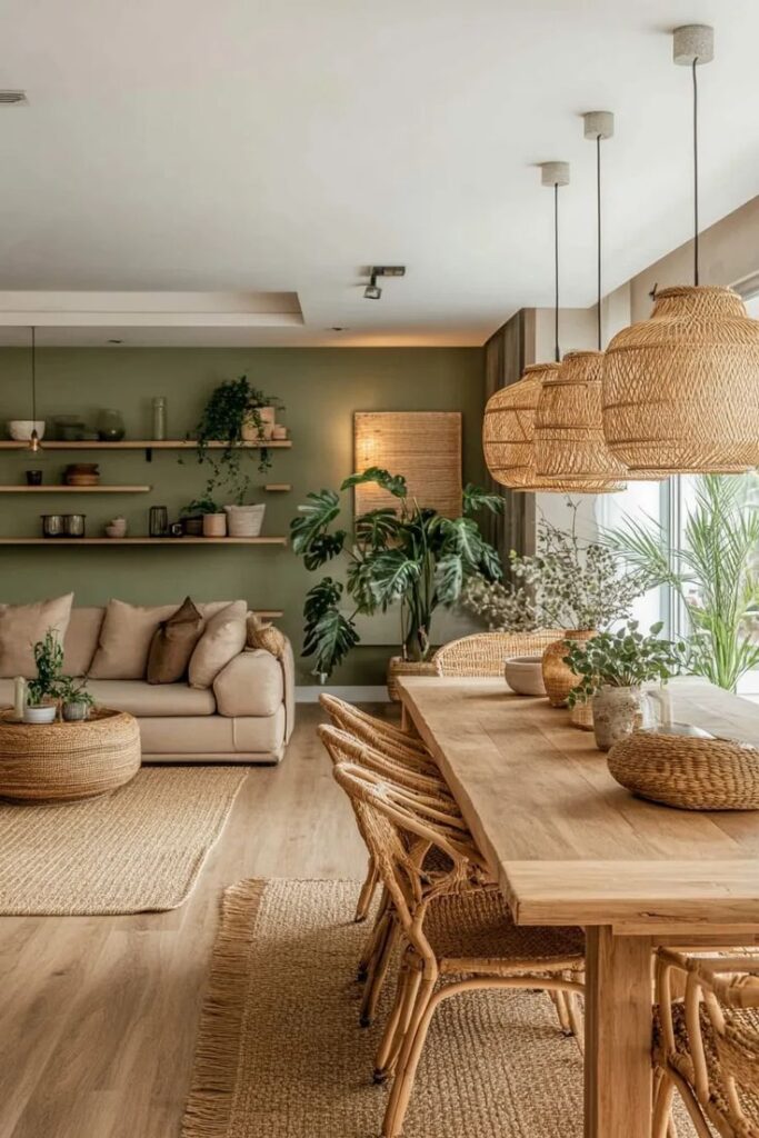 Stylish living and dining area with wicker chairs and lamps, plants, wooden table, and beige sofa, creating a cozy, natural