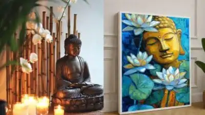 Buddha statue with candles and bamboo next to vibrant Buddha painting with lotus flowers, creating a serene and peaceful