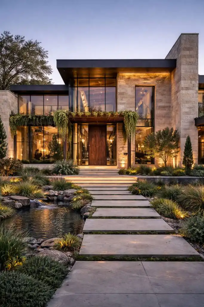 Modern luxury house exterior with large glass windows, lush greenery, and a serene stone pathway over a decorative pond at dusk.