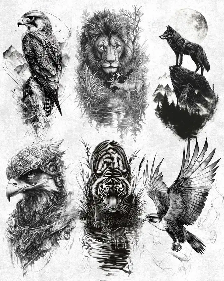 Black and white animal illustrations: lion, falcons, tiger, and wolf amidst nature, showcasing wildlife in detailed artistry.